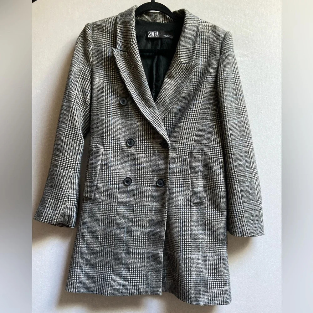 Zara Gray Houndstooth Plaid Double Breasted Tailored Blazer Size XS